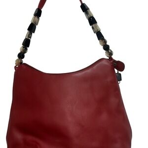 Chic Red Leather Shoulder Bag Beaded Strap Zip Top